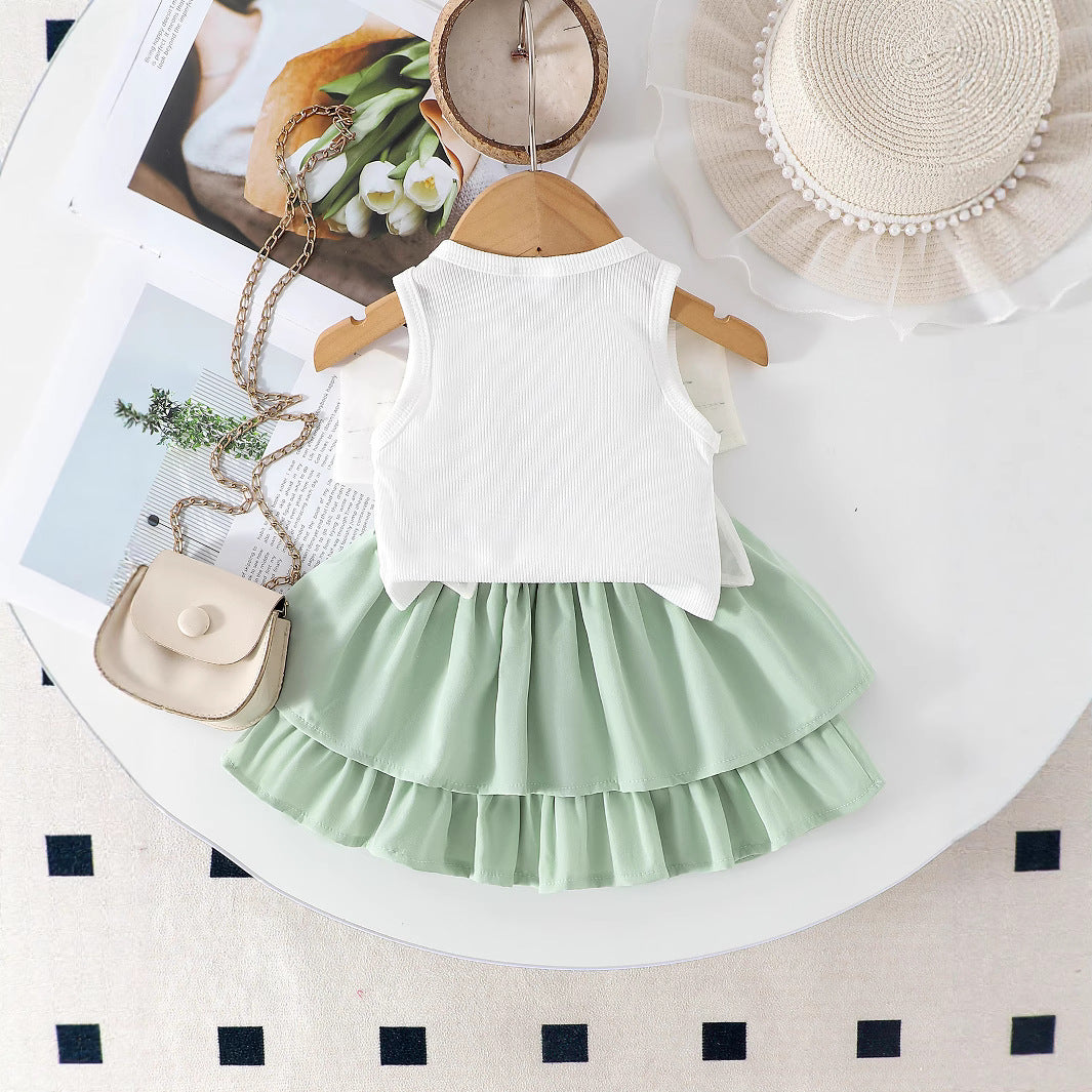 Foreign trade cross-border European and American summer cute girl suits small and medium children's bow decorated sleeveless tops and tutu skirts