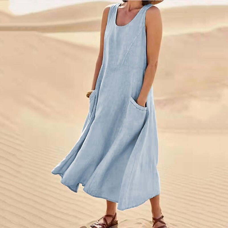 Amazon independent station wish2023 summer European and American foreign trade pocket sleeveless round neck women's cotton and linen dress