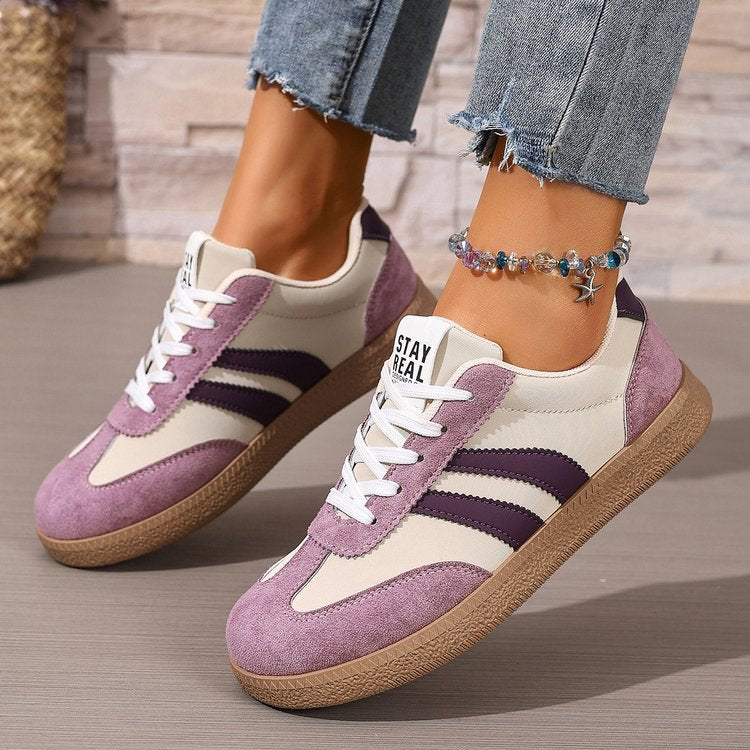 Women's Beige Flat Sneakers - Low-Top, Lace-Up