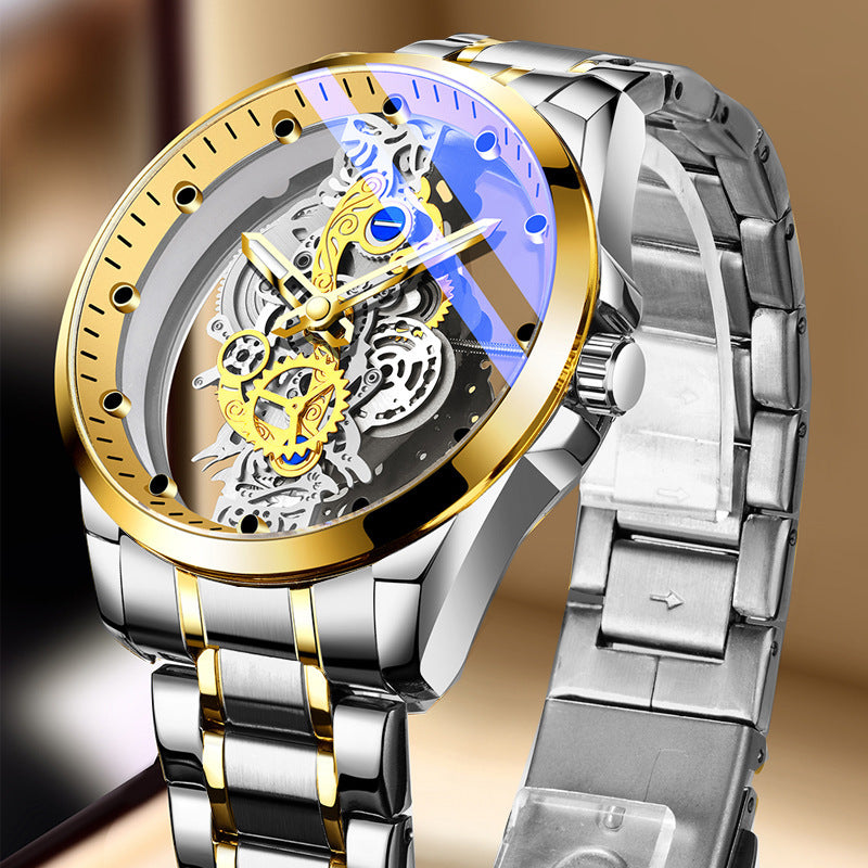 Men's Silver Skeleton Dial Quartz Watch - Steel Strap