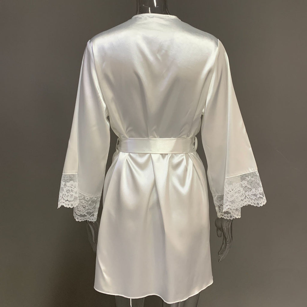 Satin lace-trimmed long-sleeved loose-fitting pajamas/robe with drawstring, 2026 European and American spring/summer new style women's loungewear.