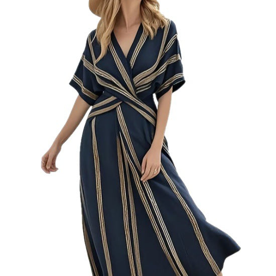 New European and American style summer vacation V-neck women's short-sleeved pleated maxi dress