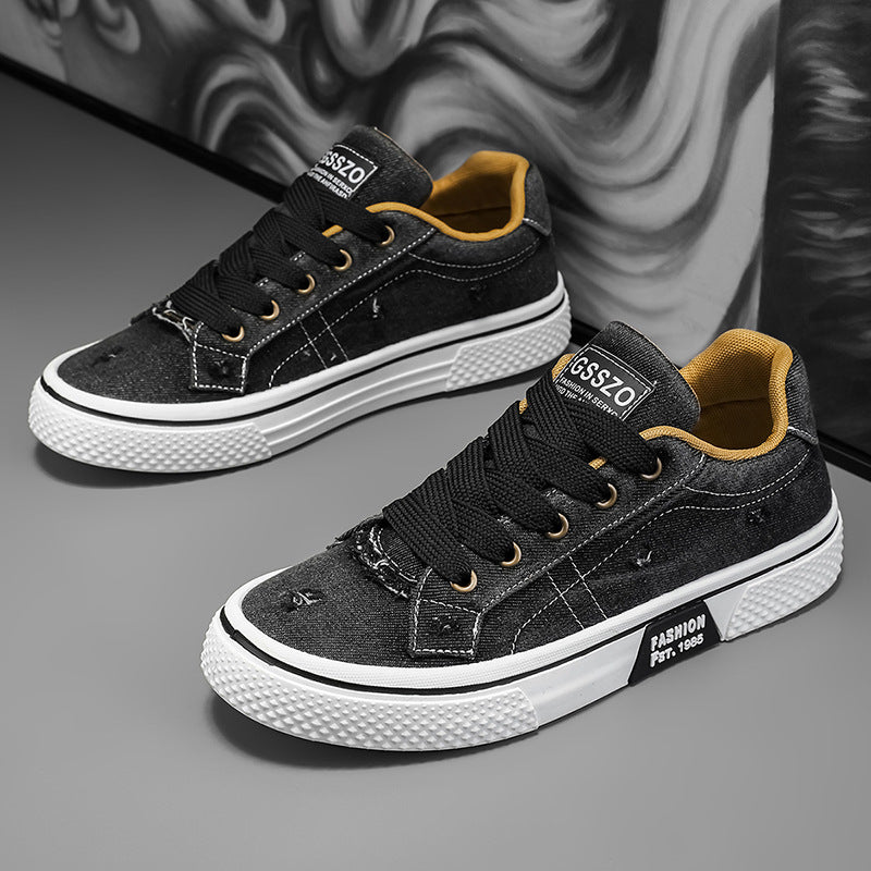 Men's Black Canvas Sneakers - Low-Top, Lace-Up