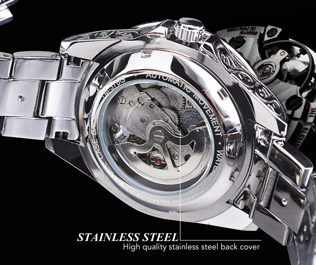 Men's Black Silver Automatic Mechanical Watch - Steel Strap