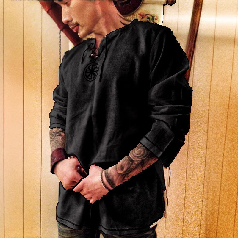 Men's Black Cotton Linen Long Sleeve Shirt | Aladinae