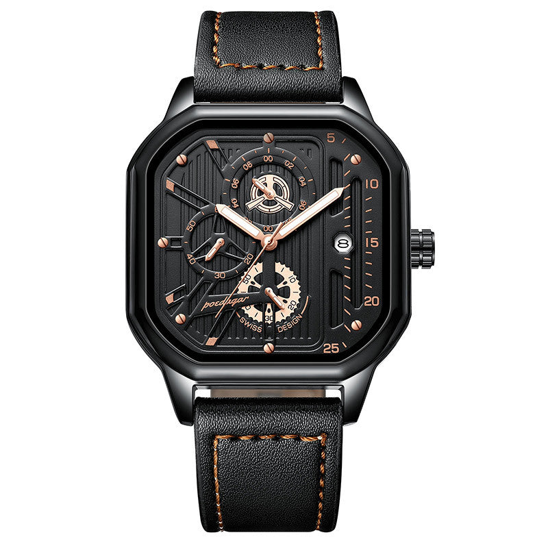 Men's Black Square Dial Quartz Watch - Leather, Waterproof