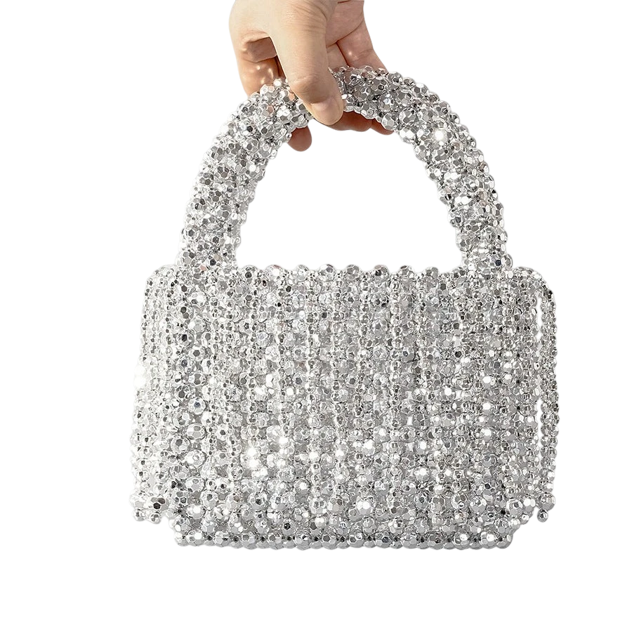 New acrylic tassel handbag women's diy handmade beaded woven bag bling silver beads evening bag