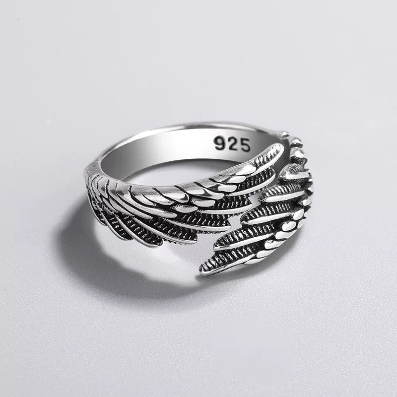 S925 sterling silver European and American retro old feather ring female simple fashion Thai silver jewelry temperament ring wholesale