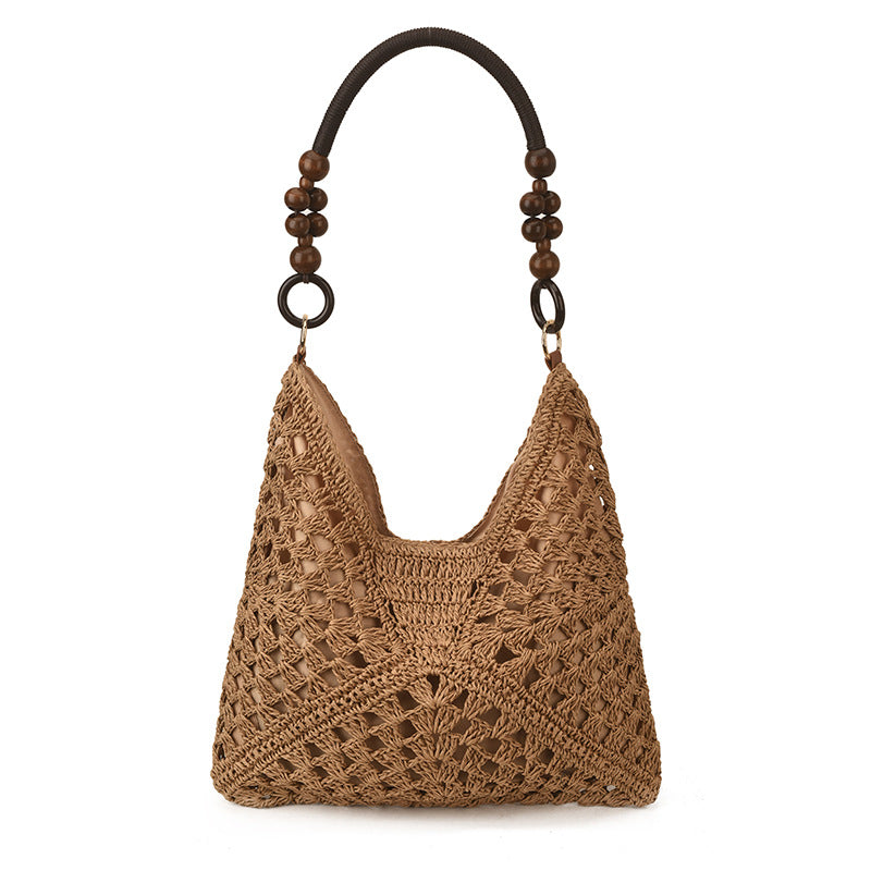 Handmade woven straw bag for women, large capacity, hot-selling new style for summer 2026, shoulder bag for commuting, beach vacation, and beach.