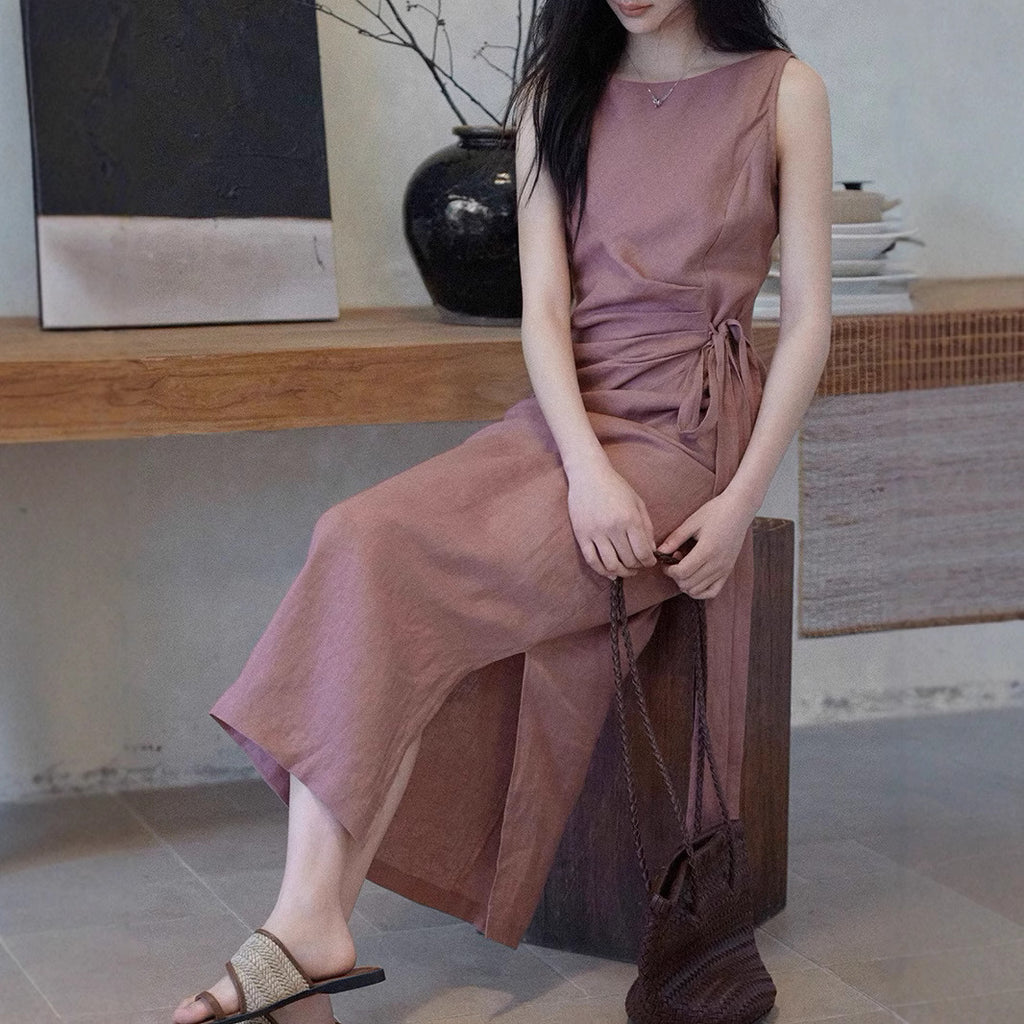 [LeWei] 100 Linen Round Neck Sleeveless Dress for Women, Summer Tie-Waist Fitted Dress, Versatile for Commuters