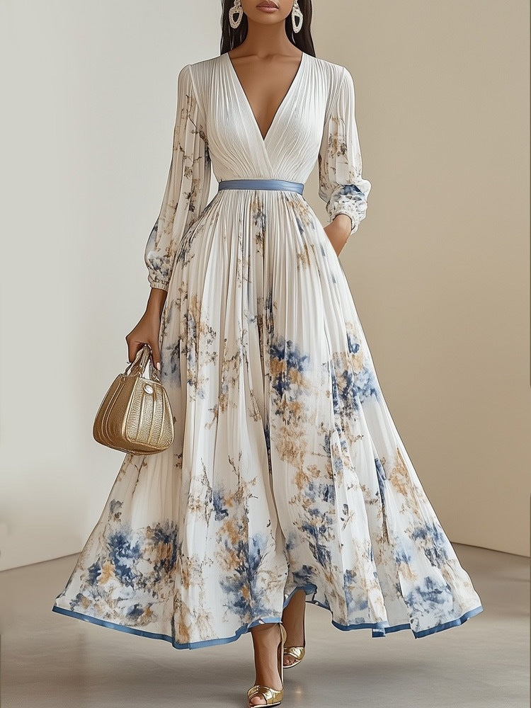 2025 European and American export women's clothing hot-selling long-sleeved printed short-sleeved resort dress, mid-length coat dress.