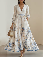2025 European and American export women's clothing hot-selling long-sleeved printed short-sleeved resort dress, mid-length coat dress.