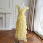 French-style sexy V-neck dress with irregular cake skirt, ruffled hem, long vacation dress 69777