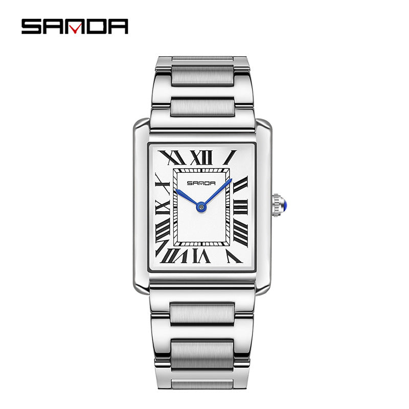 Silver Rectangular Couple's Watch - Roman Numerals, Waterproof