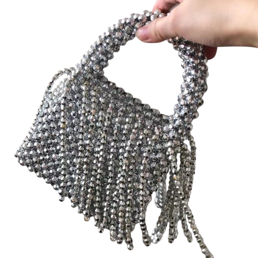 New acrylic tassel handbag women's diy handmade beaded woven bag bling silver beads evening bag