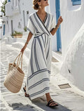New European and American style summer vacation V-neck women's short-sleeved pleated maxi dress