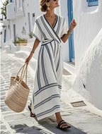 New European and American style summer vacation V-neck women's short-sleeved pleated maxi dress