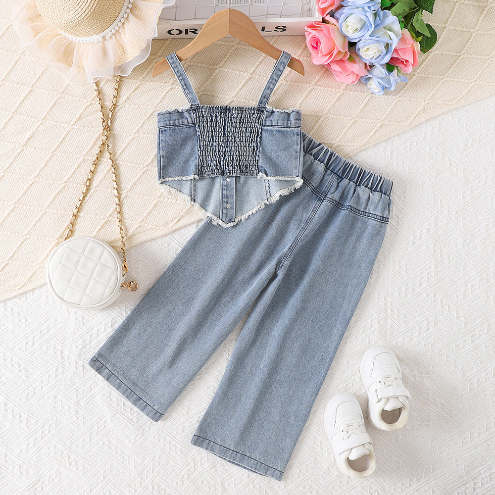 Foreign trade cross-border European and American summer sweet cool girl suits, irregular suspenders for middle-aged children, ripped denim pants suits