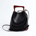 New genuine leather plain weave handbag imported cowhide commuter basket bucket bag wooden handbag messenger bag for women