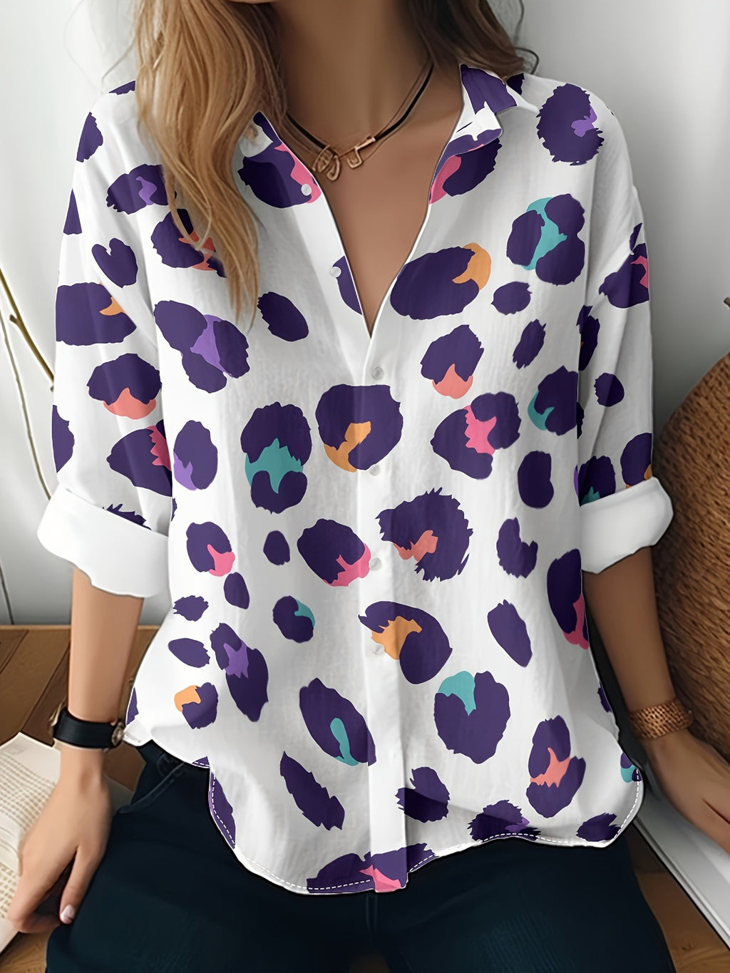 Cat cross-border Amazon European and American women's 3D printed floral pattern long-sleeved shirt women's fashion tops
