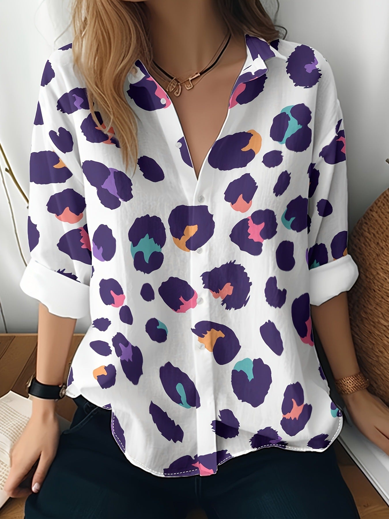 Cat cross-border Amazon European and American women's 3D printed floral pattern long-sleeved shirt women's fashion tops