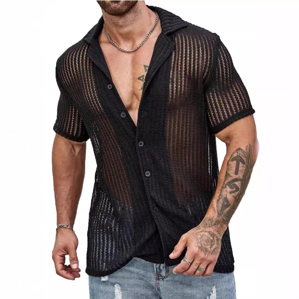 Men's White Knit Cardigan Shirt – Short Sleeve | Aladinae