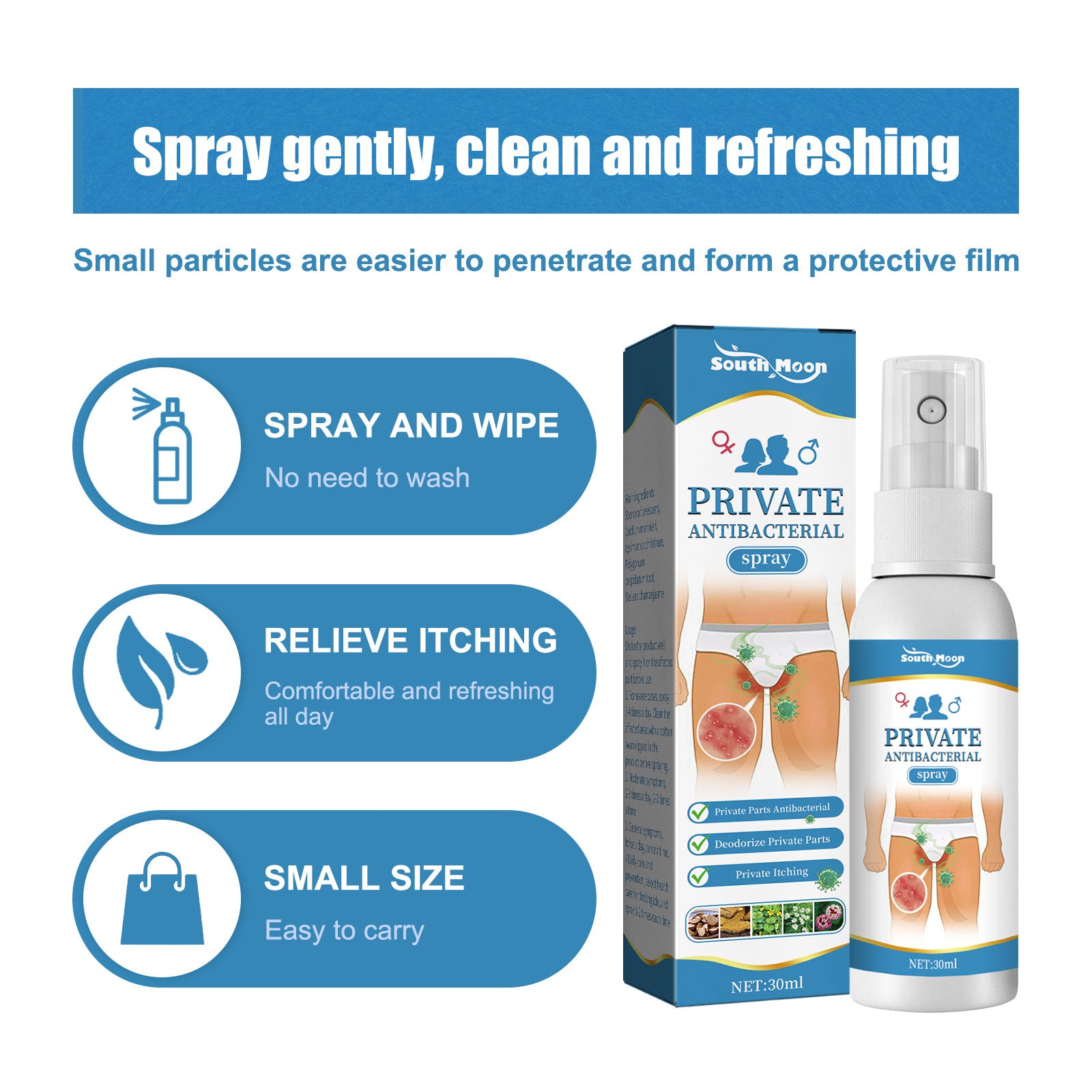 South Moon Skin Care Spray - Relieves itchy skin on inner thighs, deeply cares for skin and soothes itching.