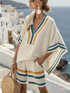 2026 European and American New Style Striped Casual V-neck T-shirt and Linen-style Set with Loose Shorts