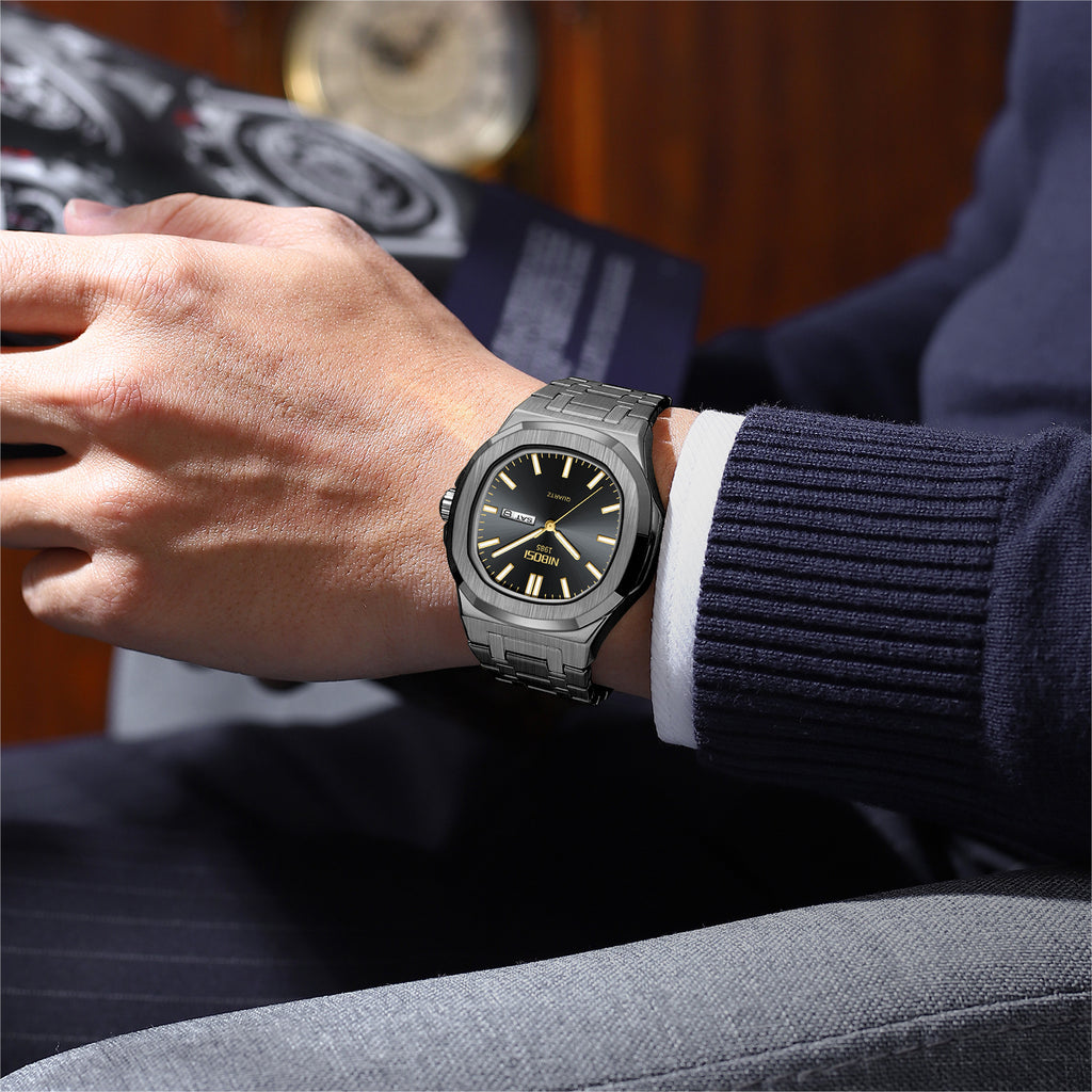 Men's Black Steel Quartz Watch - Waterproof, Luminous