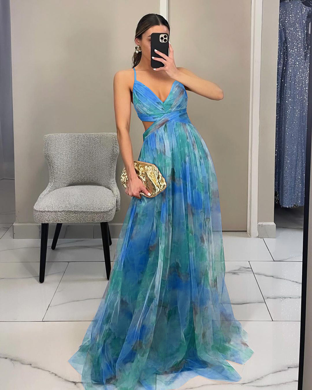 Cross-border 2025 European and American Spring/Summer New Mesh Printed Sundress, INS Vacation Casual Party Dress