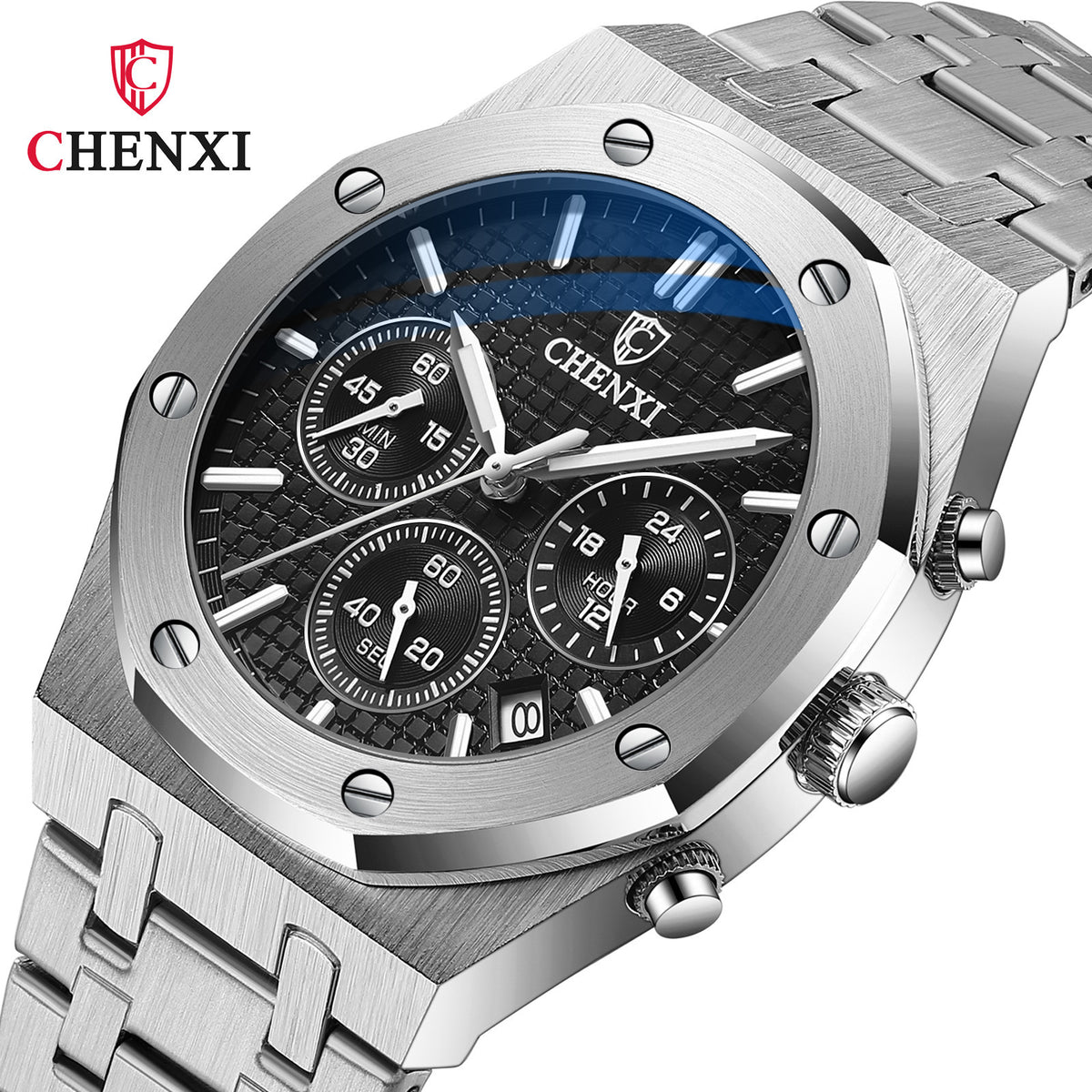 Men's Black Sports Quartz Watch - Steel Band, Waterproof