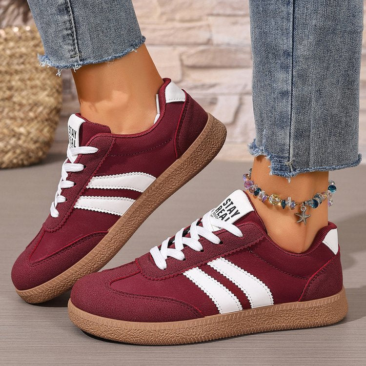 Women's Beige Flat Sneakers - Low-Top, Lace-Up