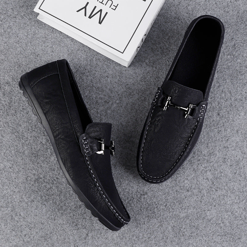 Men's Black Slip-On Leather Bean Shoes | Aladinae