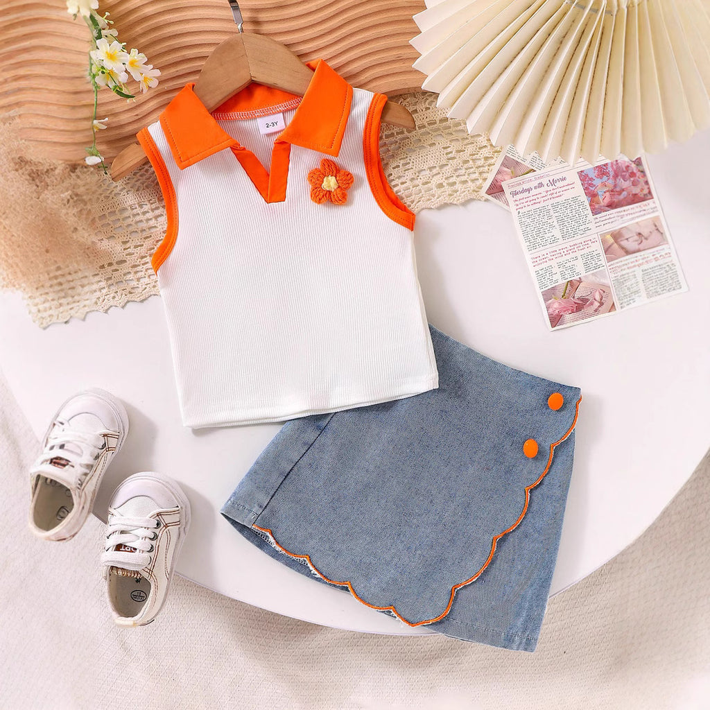 Cross-border foreign trade children's clothing European and American summer girls lapel sleeveless flower contrast vest lace denim shorts suit