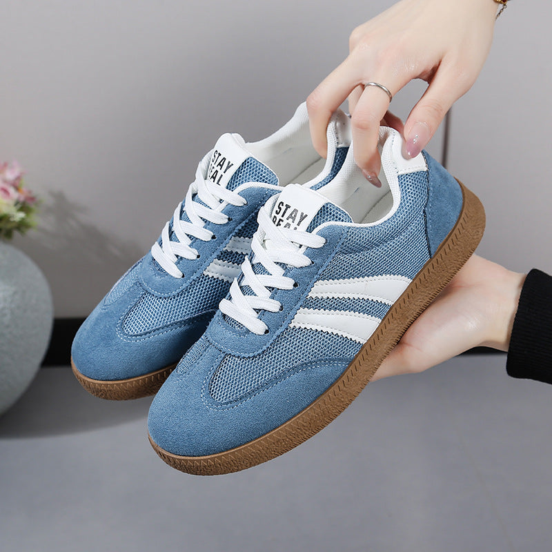 Women's Beige Flat Sneakers - Low-Top, Lace-Up