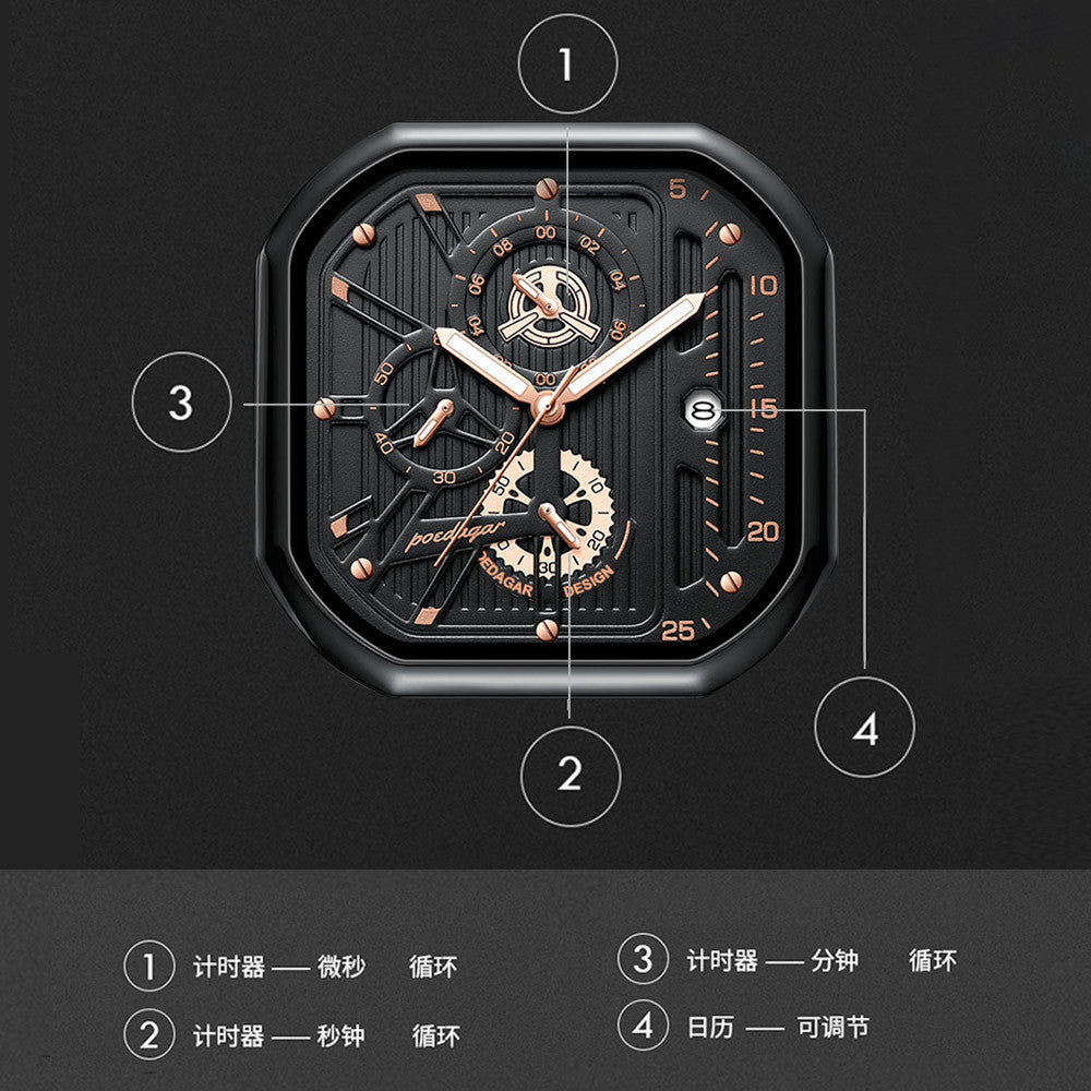 Men's Black Square Dial Quartz Watch - Leather, Waterproof