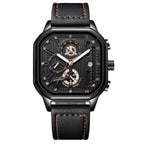 Men's Black Square Dial Quartz Watch - Leather, Waterproof