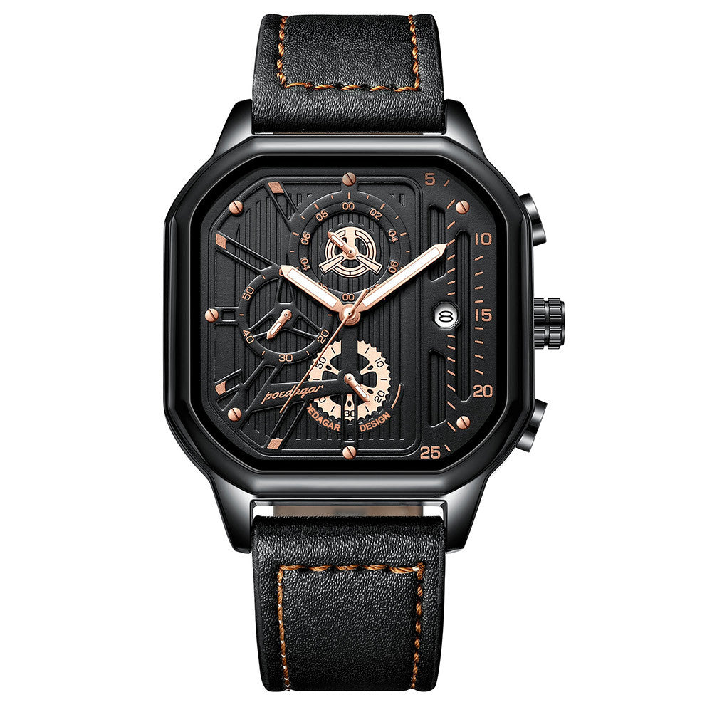 Men's Black Square Dial Quartz Watch - Leather, Waterproof
