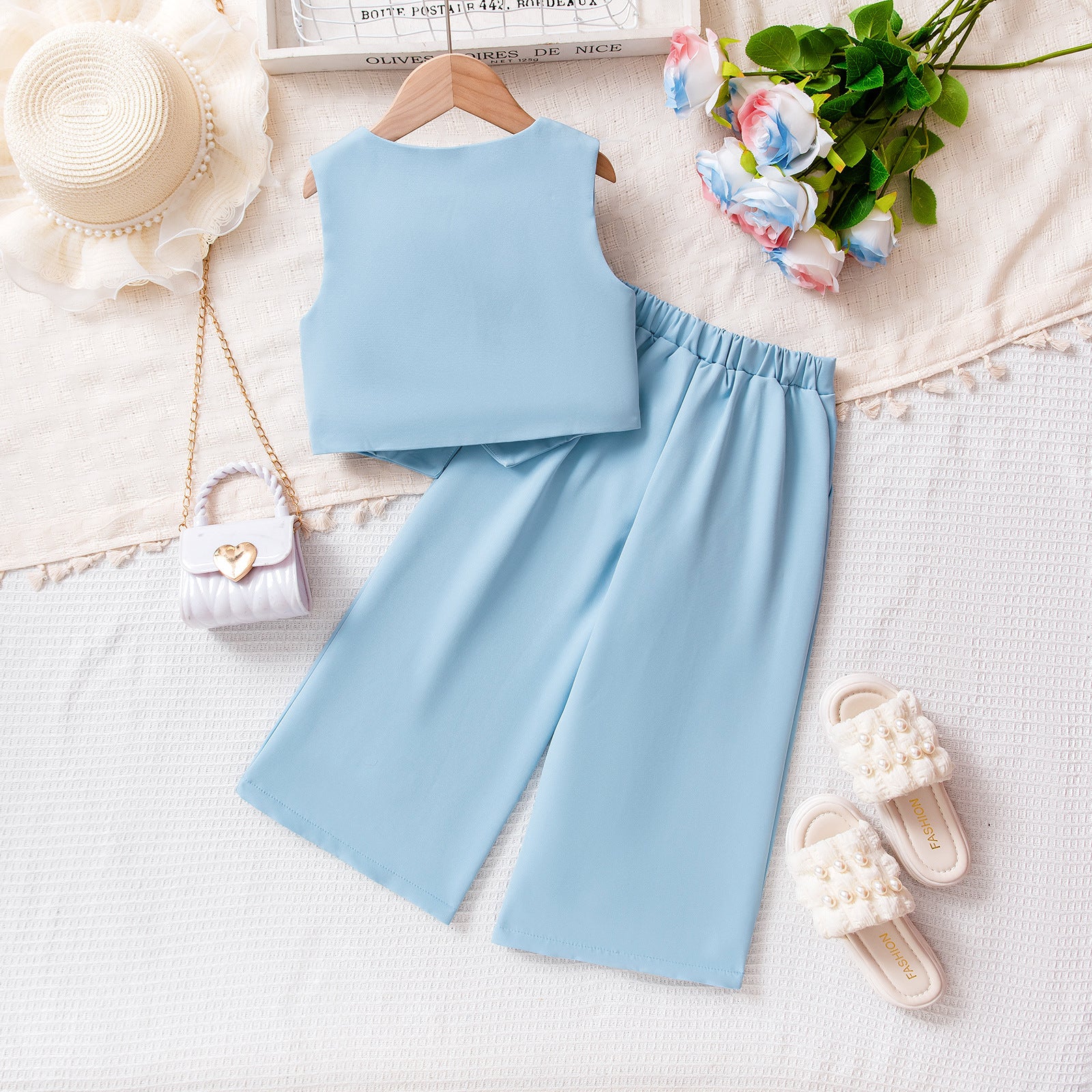 Cross-border European and American summer new multi-color girls suits, sleeveless vest tops for small and medium-sized children, trousers and suits
