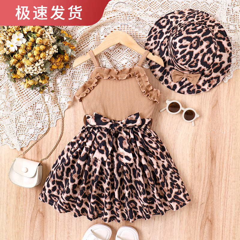 Baoxin children's clothing cross-border European and American summer new small and medium-sized girls suspender lace stitching leopard print dress hat