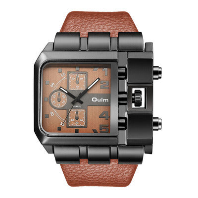 Men's Brown Square Dial Quartz Watch - World Time