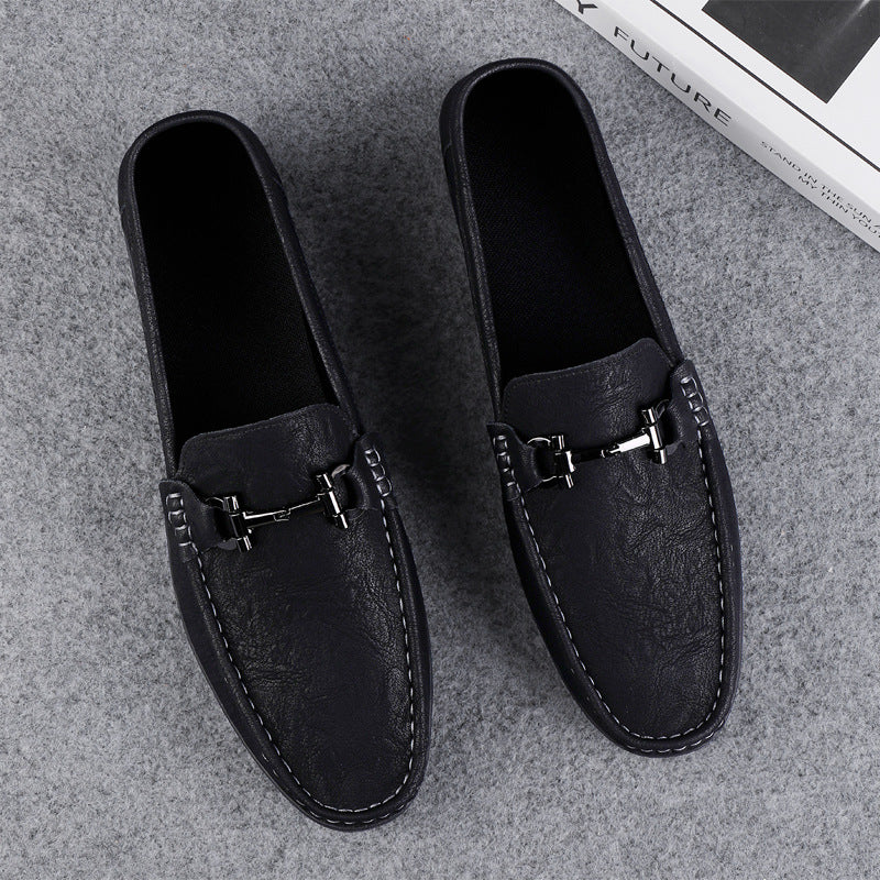 Men's Black Slip-On Leather Bean Shoes | Aladinae