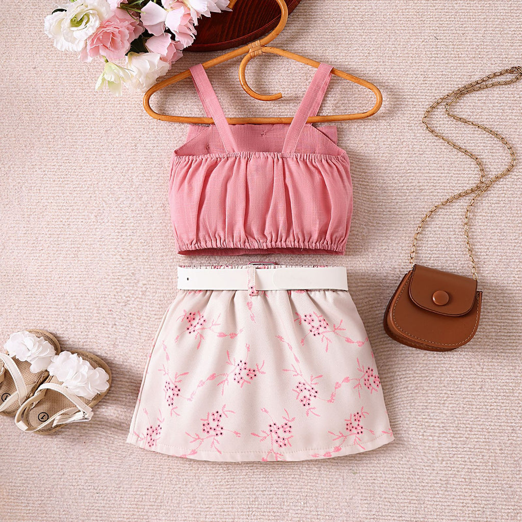 Foreign trade cross-border European and American summer sweet girl suits small and medium-sized children's suspender tops, printed skirts, belts new products