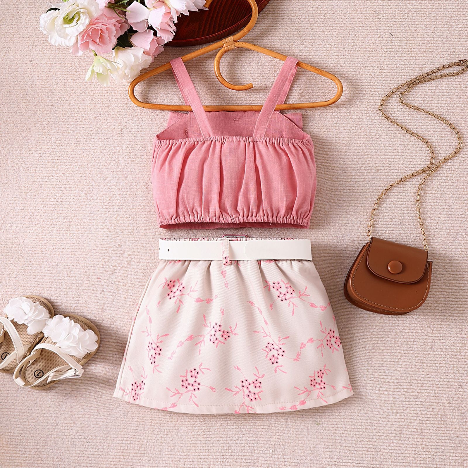 Foreign trade cross-border European and American summer sweet girl suits small and medium-sized children's suspender tops, printed skirts, belts new products