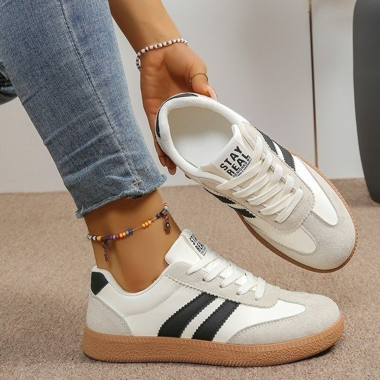 Women's Beige Flat Sneakers - Low-Top, Lace-Up