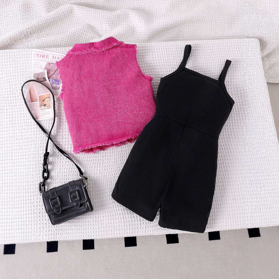 Foreign trade cross-border European and American new summer girls suits for small and medium-sized children single-breasted denim vest solid color jumpsuit