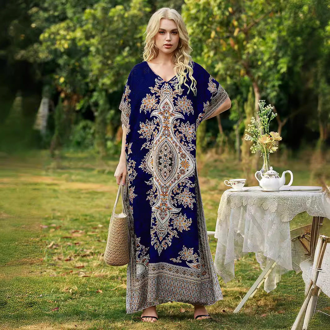 New European and American spring/summer women's bohemian print dress, plus size loose robe, Amazon beach vacation style.