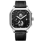 Men's Black Square Dial Quartz Watch - Leather, Waterproof
