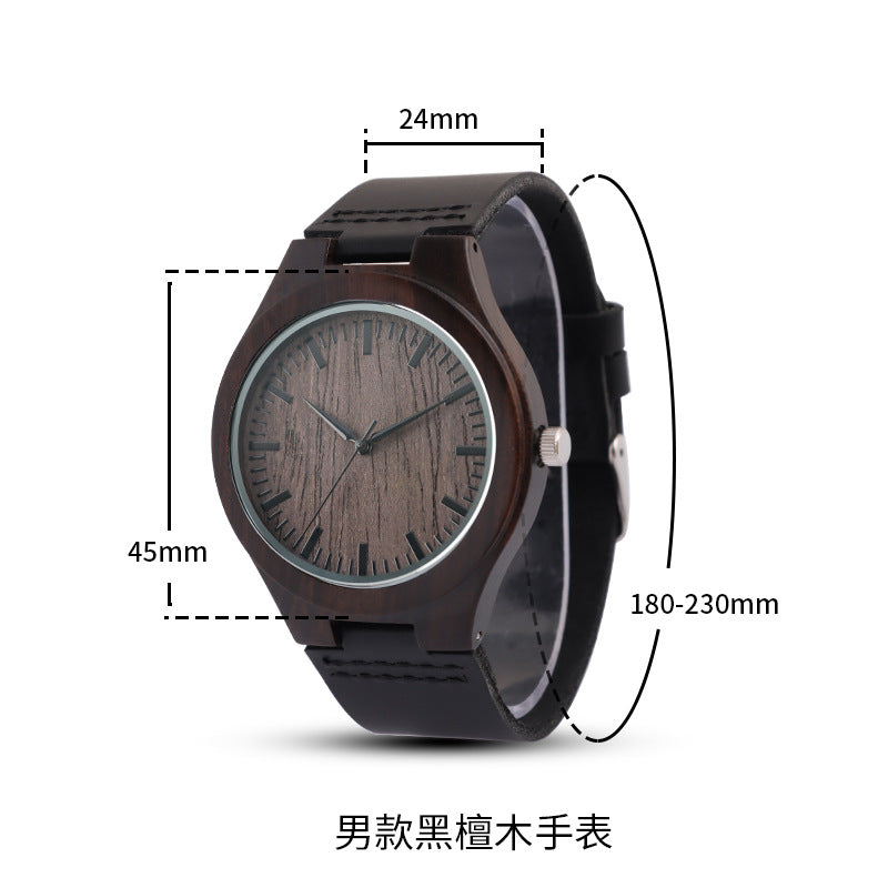 Men's Ebony Wood Watch - Leather Strap, Engraved Back
