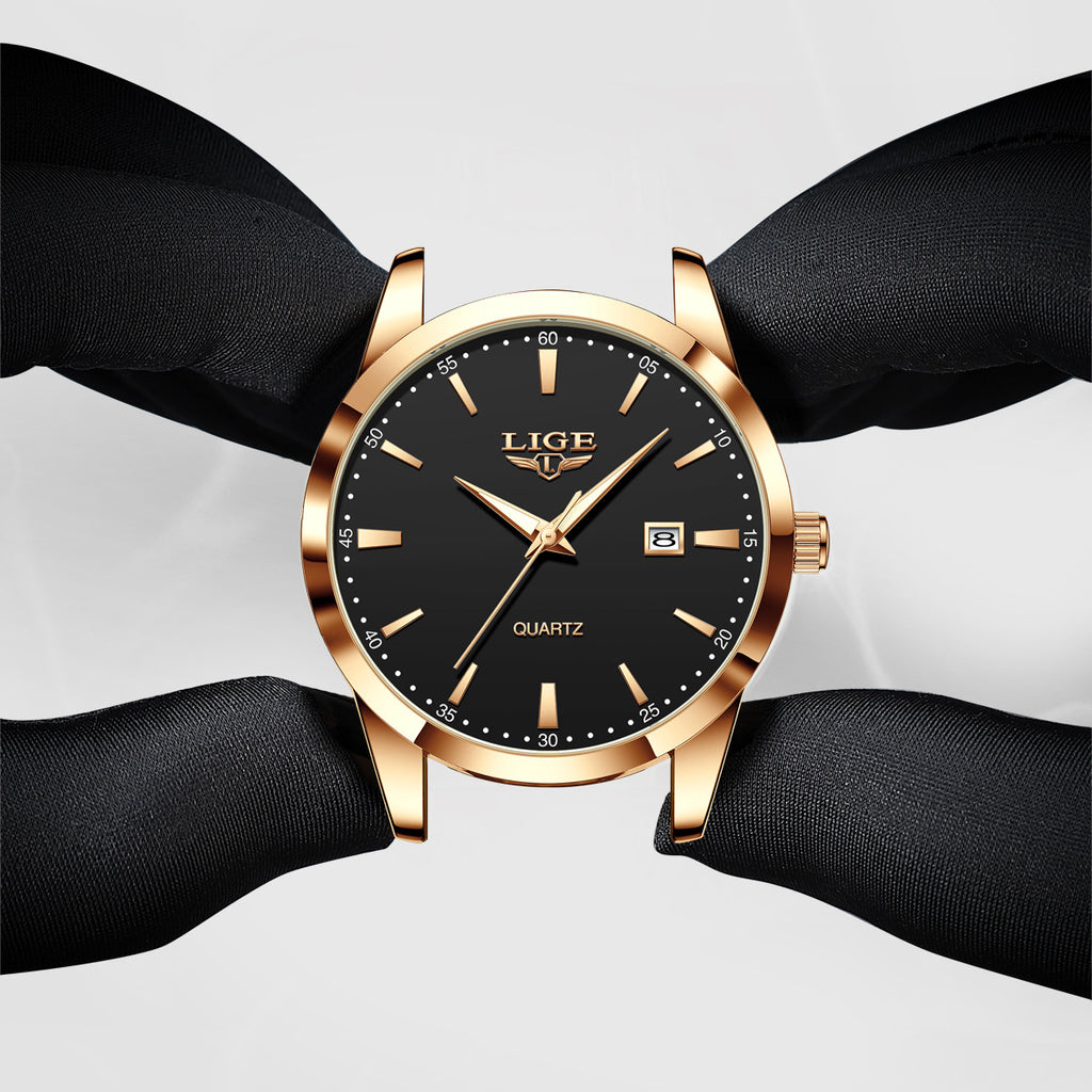 Men's Three-Hand Quartz Watch - Leather Strap, Waterproof